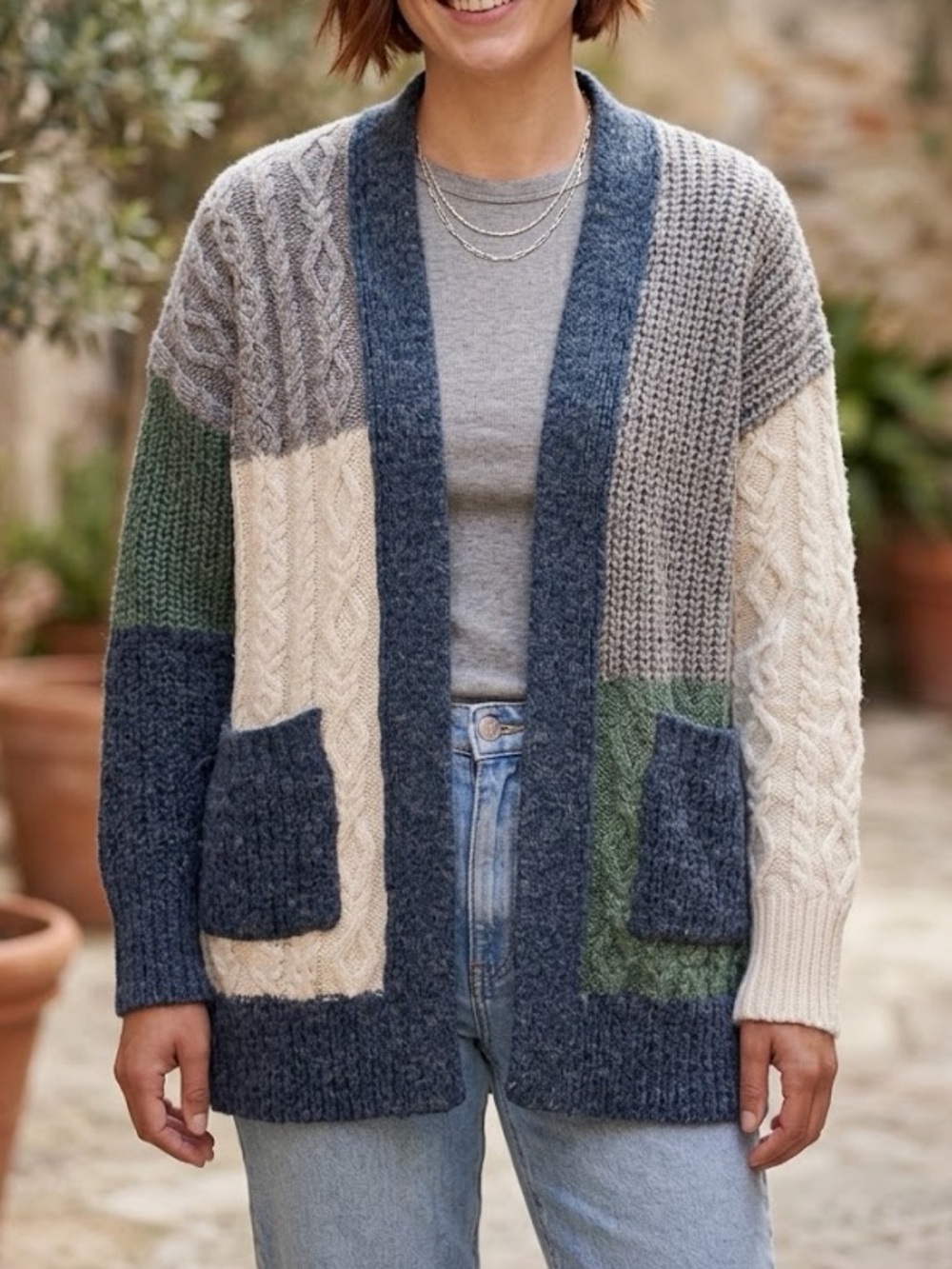 Grade & Gather - Colorblock Cable-Knit Open Cardigan Sweater
